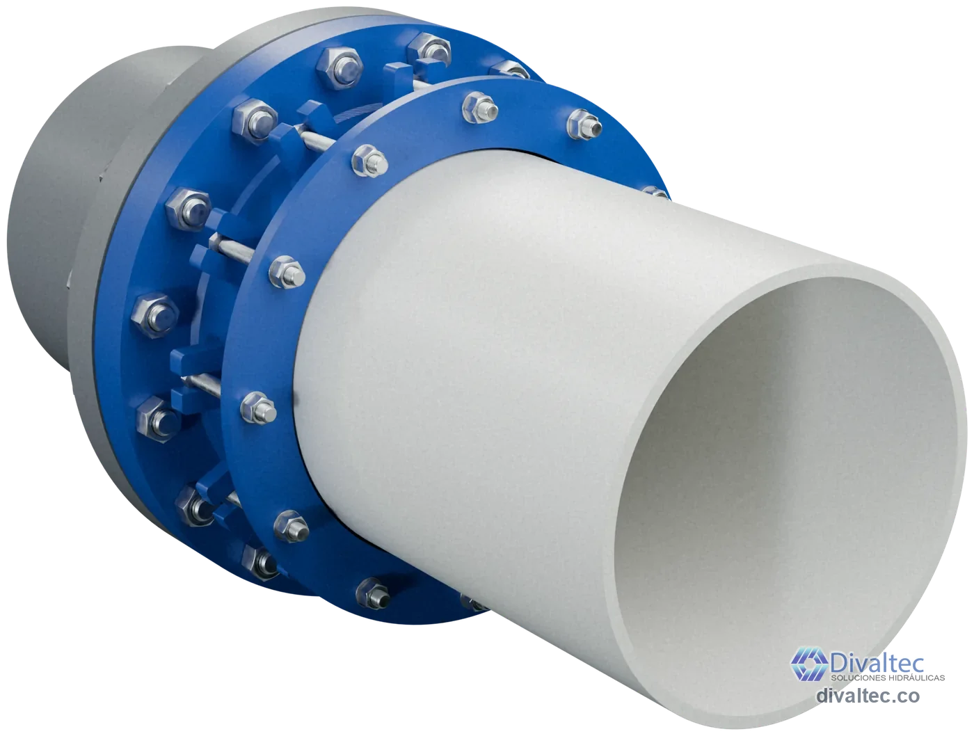 Adaptador brida universal de 16 pulgadas montado entre un tubo de PVC y un carrete con brida AWWA C207, con espárragos y tuercas