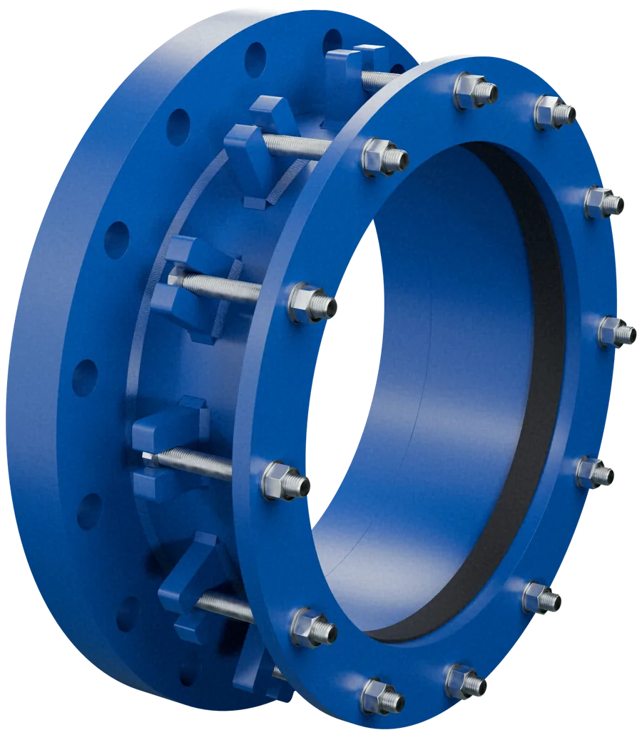 Adaptador brida universal Divaltec DV-ABU de 16 pulgadas con brida AWWA C207 clase E, orejas ranuradas, tornillería zincada y recubrimiento epóxico azul