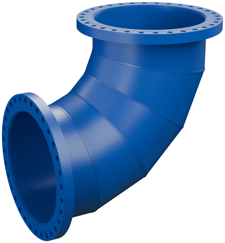 Codo bridado Divaltec DV-COD-BR de 36 pulgadas a 90 grados, segmentado, con bridas AWWA C207 clase E y recubrimiento epóxico azul