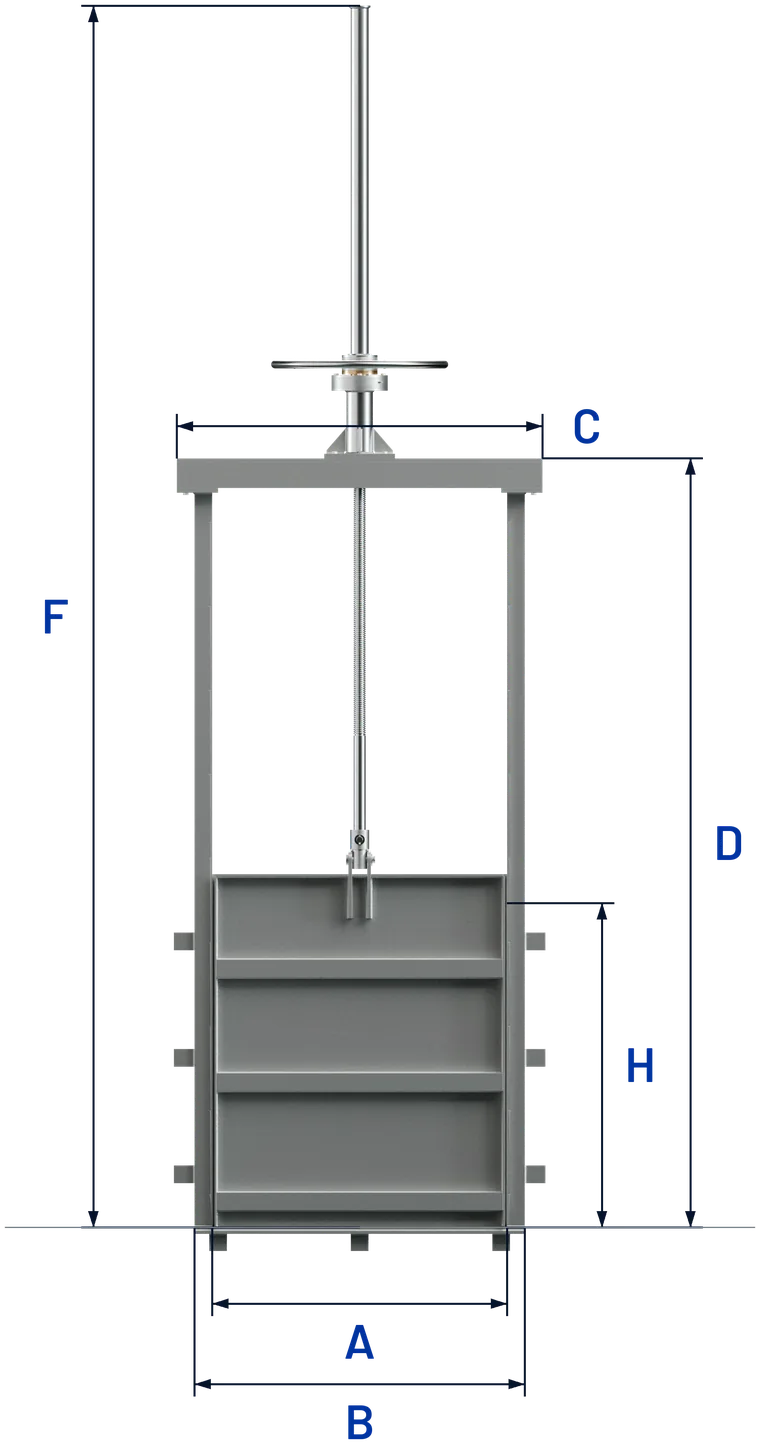 Vista frontal de la compuerta con las cotas A (ancho de la abertura), B (ancho del marco), C (ancho del yugo), H (alto de la abertura), D (apoyo del pedestal) y F (alto total)