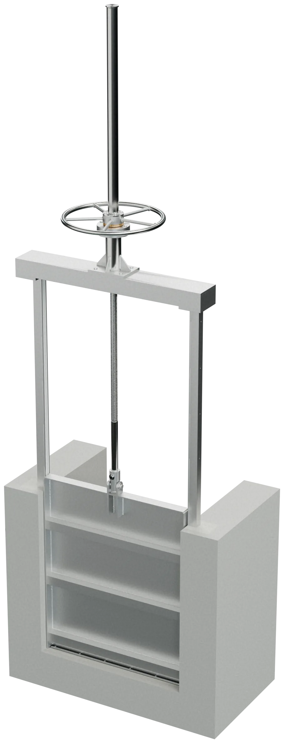 Compuerta DV-CDC-IX de 1.000 × 1.100 mm instalada en un canal de concreto, con las guías empotradas en mortero