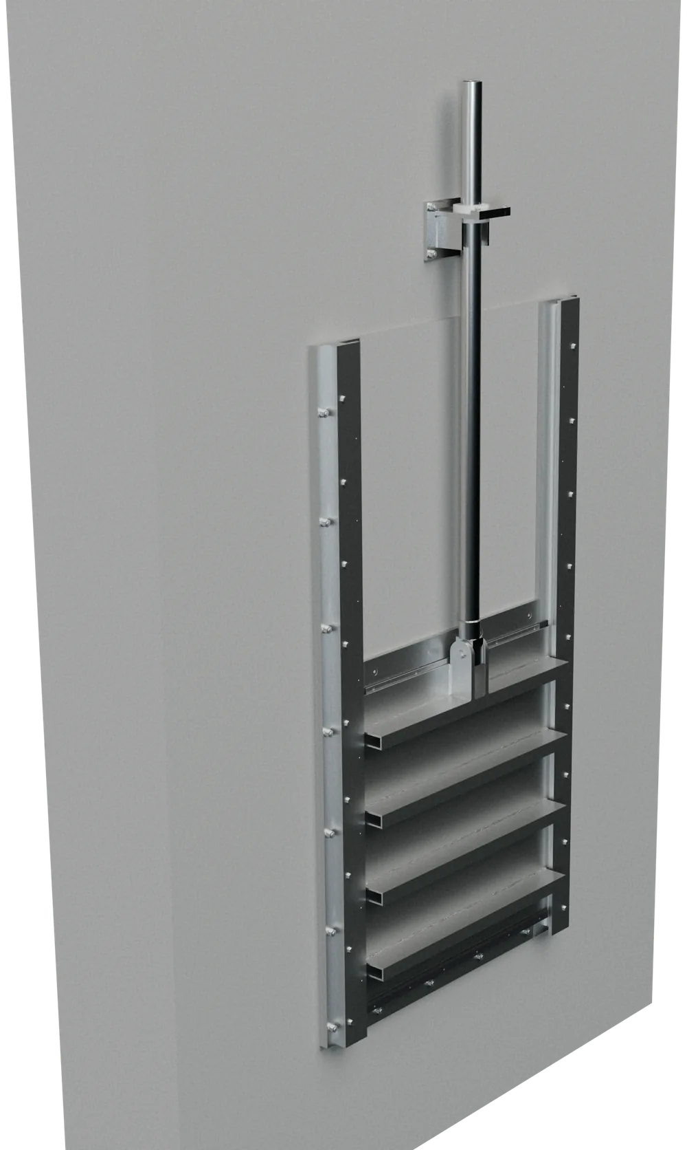 Compuerta DV-CMU-IX de 1.000 × 1.100 mm atornillada a la cara de un muro de concreto, con la primera guía del vástago