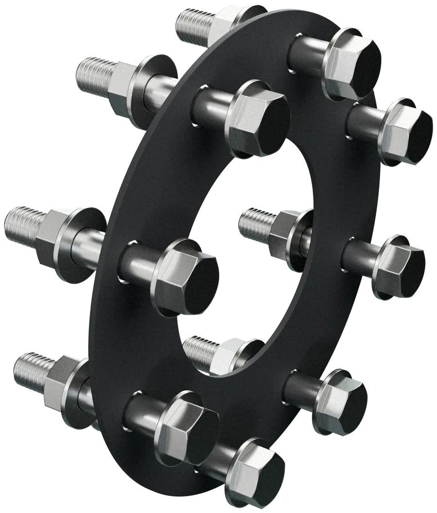 Juego de tornillería Divaltec DV-JTB de 4 pulgadas: ocho tornillos hexagonales zincados con tuerca y dos arandelas, pasados por un empaque de cara completa de EPDM negro