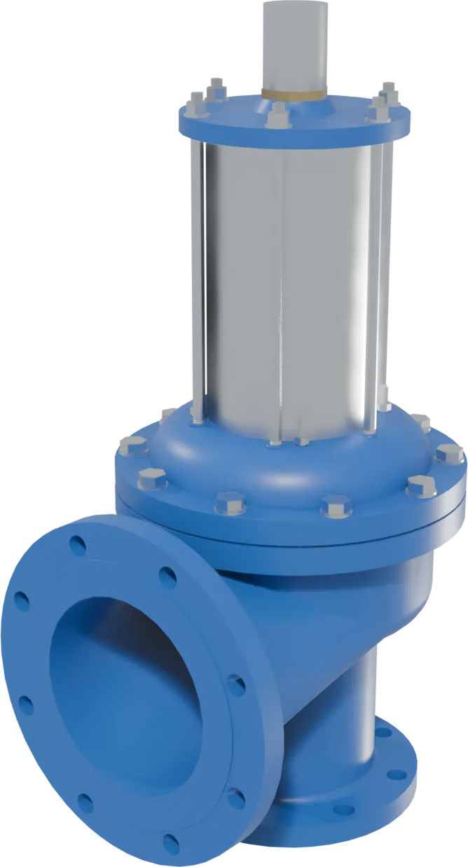 Modelo 3D de la válvula de alivio AC-ALV: cuerpo azul con bridas, camisa del resorte en acero inoxidable y capuchón de calibración